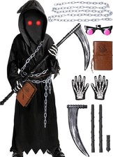 Kids Grim Reaper Costume Set, 7 PCS Scary Halloween Outfit for Boys