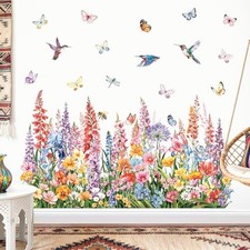 Colorful Flower Green Grass Corner Wall Decals Plant Wildflower Butterflies