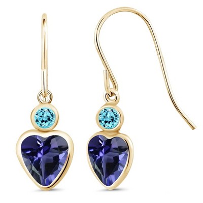 14K Yellow Gold Blue Iolite and Swiss Blue Topaz French Wire Dangle Hook