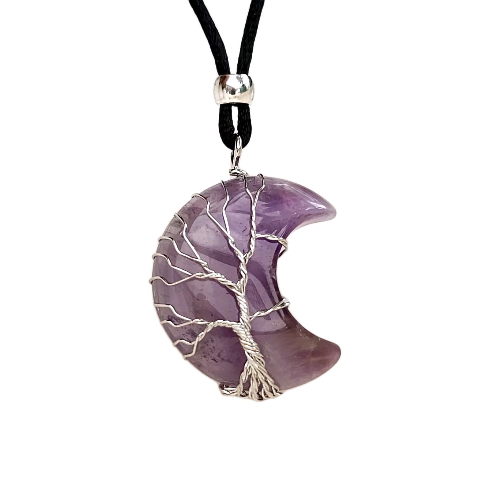 Tree of life Amethyst Moon Pendant Cord Necklace Crescent Wire Wrap Jewellery