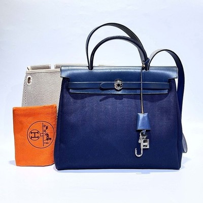 HERMES Herbag PM 31 Shoulder Bag Navy Beige w/Spare Bag, Lock, & Key Stamp G