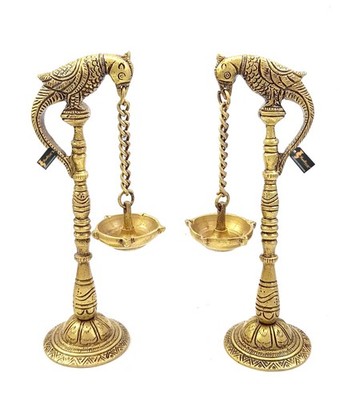 Two Moustaches Brass Parrot Hanging Diya Pair | 7.5 Inch Temple Pooja Oil Lamp