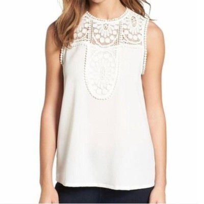 Halogen Womens White Crochet Lace Yoke Sleeveless Blouse Pom Pom Trim Medium