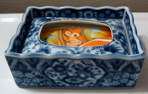 Japanese Ryuho Kiln Blue White Floral Porcelain Mini Tissue Box 龍峰 LongFeng Kiln