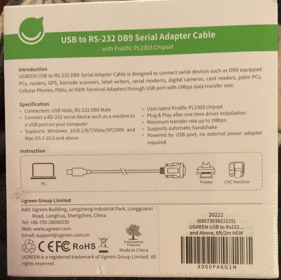 NIB UGREEN USB to RS232 Adapter Serial Cable DB9 Male 9 Pin ~PL2303 Chipset RS-2 - Image 2 of 2