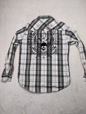 HELIX Mens L Navy Gray White Flying Skull Print Long Sleeve Pearl Snap