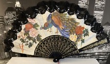 Vintage 1980s Folding Hand Fan Rare Peacocks Asian Silk Screen Stunning 