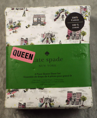 KATE SPADE Fine Day New York City Themed 100% Cotton 4 PC Queen Sheet Set NEW