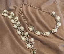 Emmons Necklace/ Bracelet Set  Carved Rose Flowers Crystals Gold Tone Signed