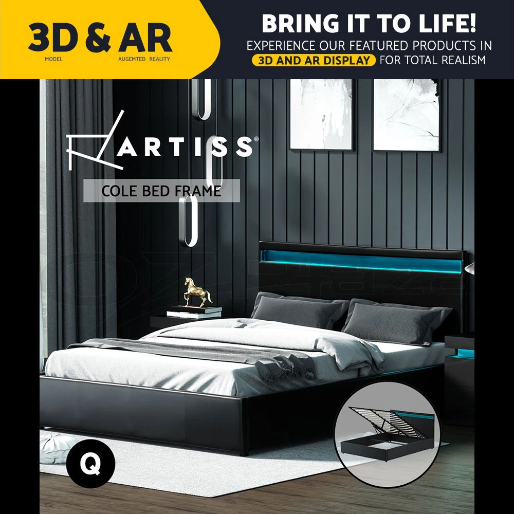 Artiss Bed Frame Queen Size RGB LED Gas Lift Storage Mattress Base