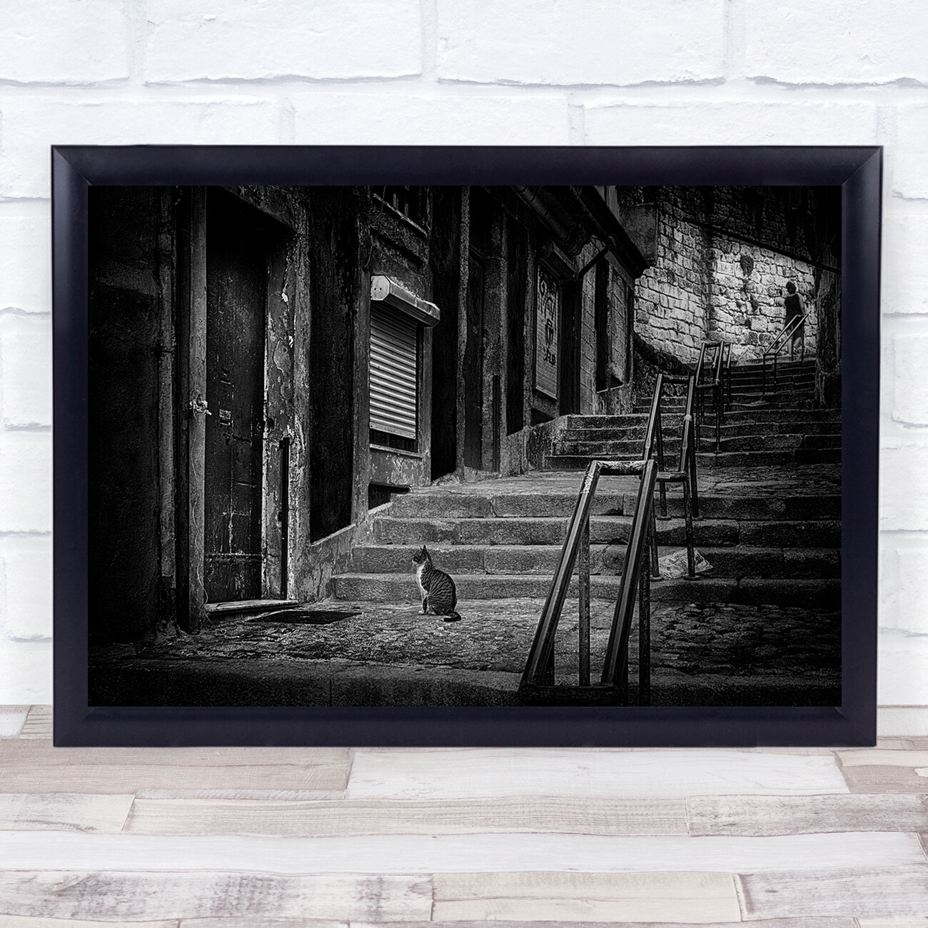 Oporto City Ribeira Codessais Stairs Alley Street Woman Cat Wall Art Print