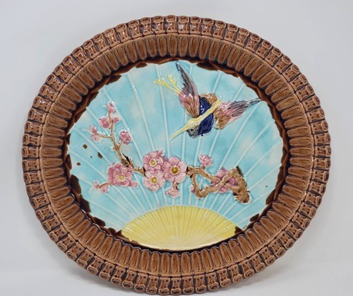 Antique Victorian Majolica Bird and Prunus Platter 19th Century - Picture 12 of 12
