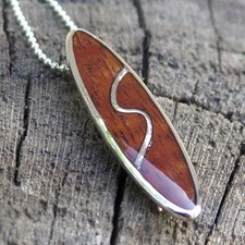 Hawaiian Jewelry Koa Wood Surfboard Silver Rhodium Plated Brass Pendant BRP1109
