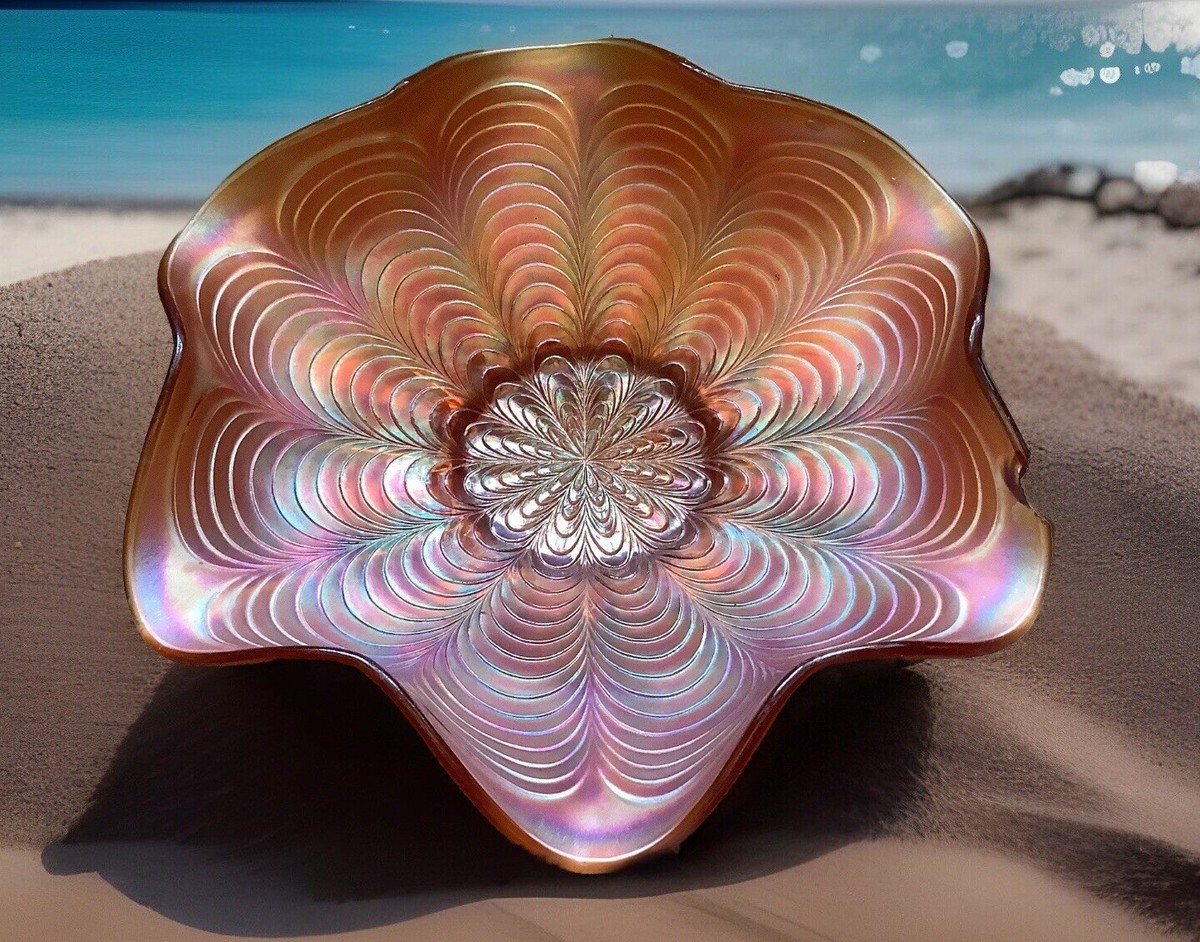 Vintage Fenton Marigold Carnival Glass Bowl Ruffled Peacock Tail