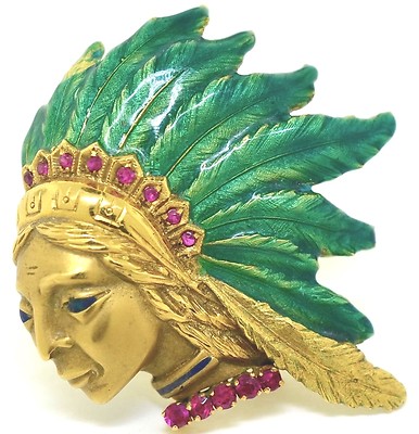 18K Vintage Gold, Gemstone & Enamel Native American Head Brooch/Pin