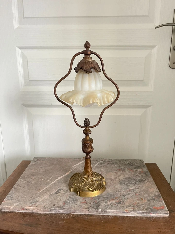 Ancienne Lampe Lyre Tulipe Laiton Doré France - Photo 2/4