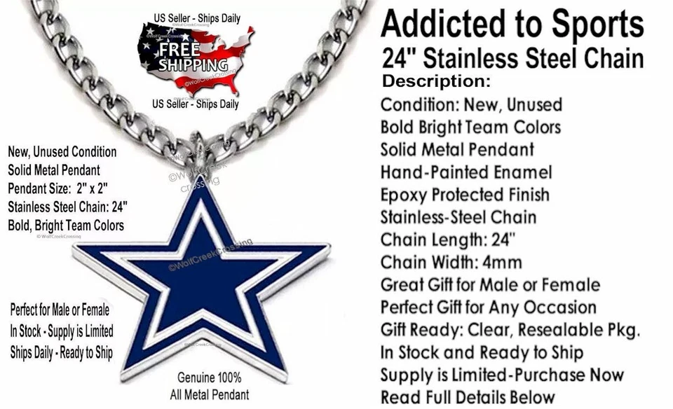LARGE DALLAS COWBOYS NECKLACE Stainless Steel Chain NFL Football Metal Logo HOT' - Image 2 of 4
