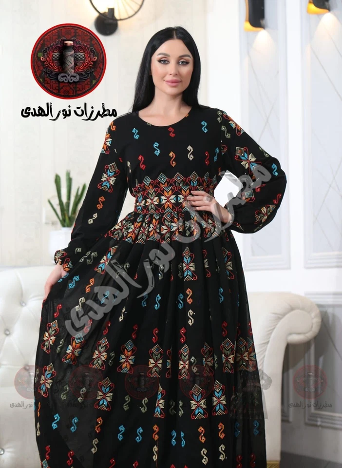 Embroidered Dress Traditional Heritage Black Thobe Chiffon Full Tatreez - Image 2 of 3