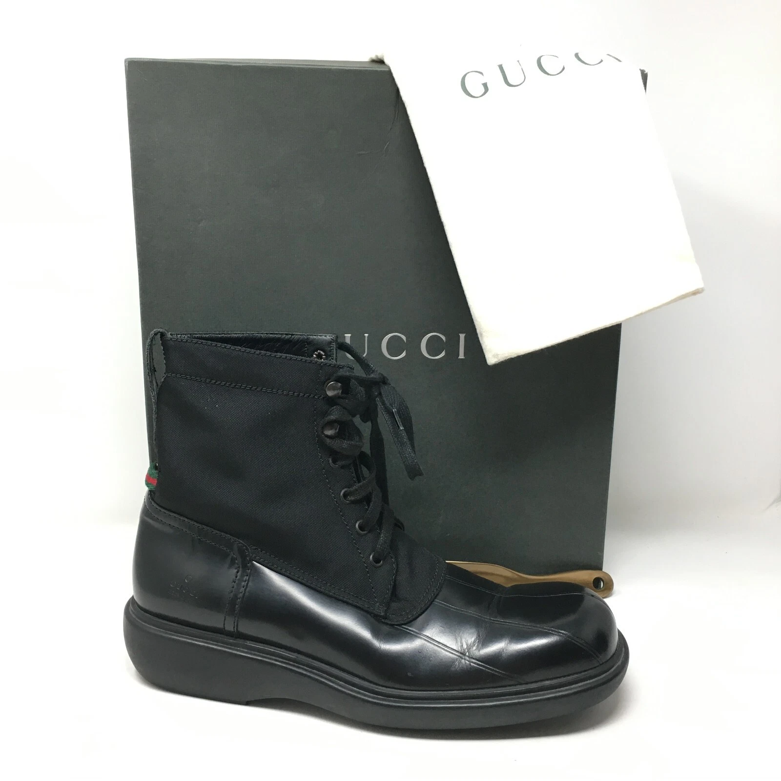 Gucci Web Combat Boots Chaussures Homme Taille 9 US 8,5 UK Cuir Noir Chunky Lacets