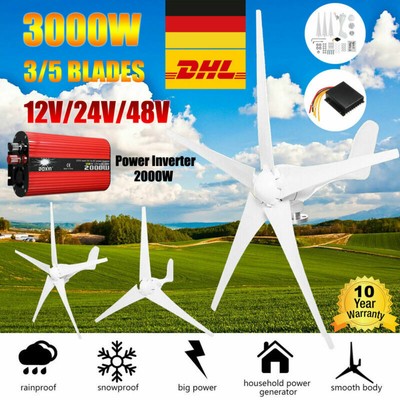 3000W Windkraftanlage Windgenerator Turbine Windrad 3/5 Klinge Wechselrichter DE