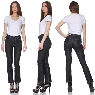 Damen Kunstleder Schlaghose Bootcut Hüfthose Wetlook Lederimitat Flared Leg - Bild 1 von 4