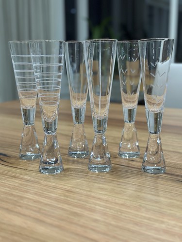 Very Rare Vintage Blown Hand Etched Tall Champagne Flute Glasses - set of 6