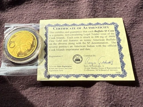 2023 Cook Islands * U.S Indian Head Chef  & Buffalo 5$ .999 Gold Coin * BU * COA