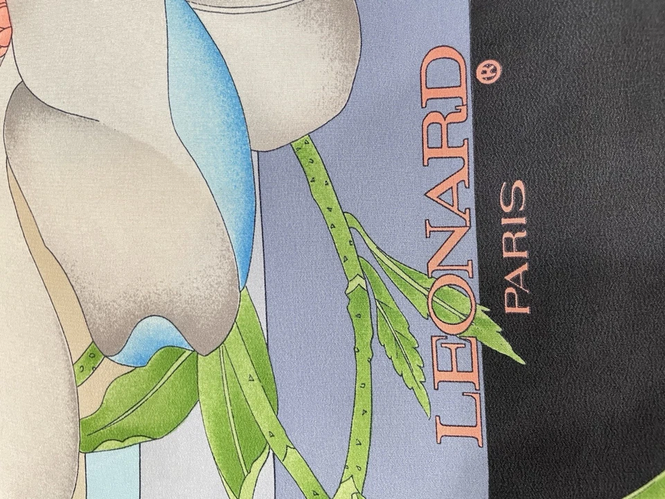 AS7# Leonard Paris Bufanda de Seda Beige Negro Azul Estampado Floral Hecho en Francia Foto 3 de 4