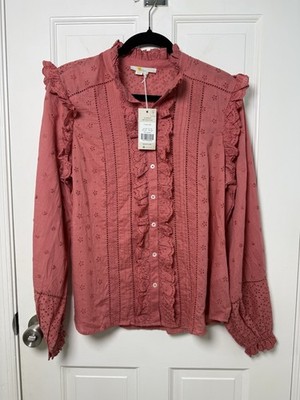 Boden Iris Broderie Button Down Shirt Dusty Red Women s Size 12P TO975 NWT