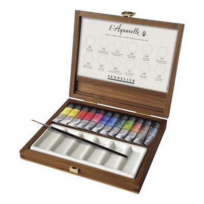 Sennelier französischer Künstler Aquarell Set in einer schönen Walnussholzbox, 