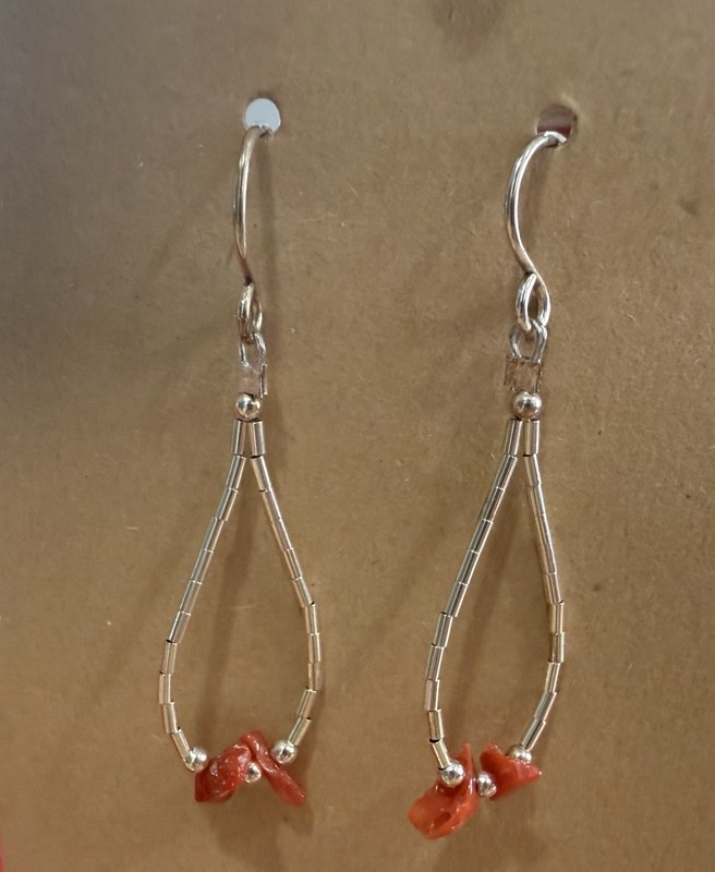 Native American Made SS Liquid Beans W/Coral Chips 1.5 Drop Earrings