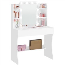 Dressing Table Vanity Desk with 10 LED Lights, Tempered Glass Mirror, Storage