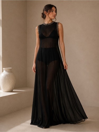 Christian Dior 2024 Embellished Sleeveless Sheer Maxi Dress Black Silk, Size M
