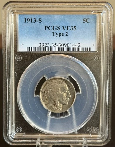 1913-S Buffalo Nickel Type 2 PCGS VF35 Key Early Date