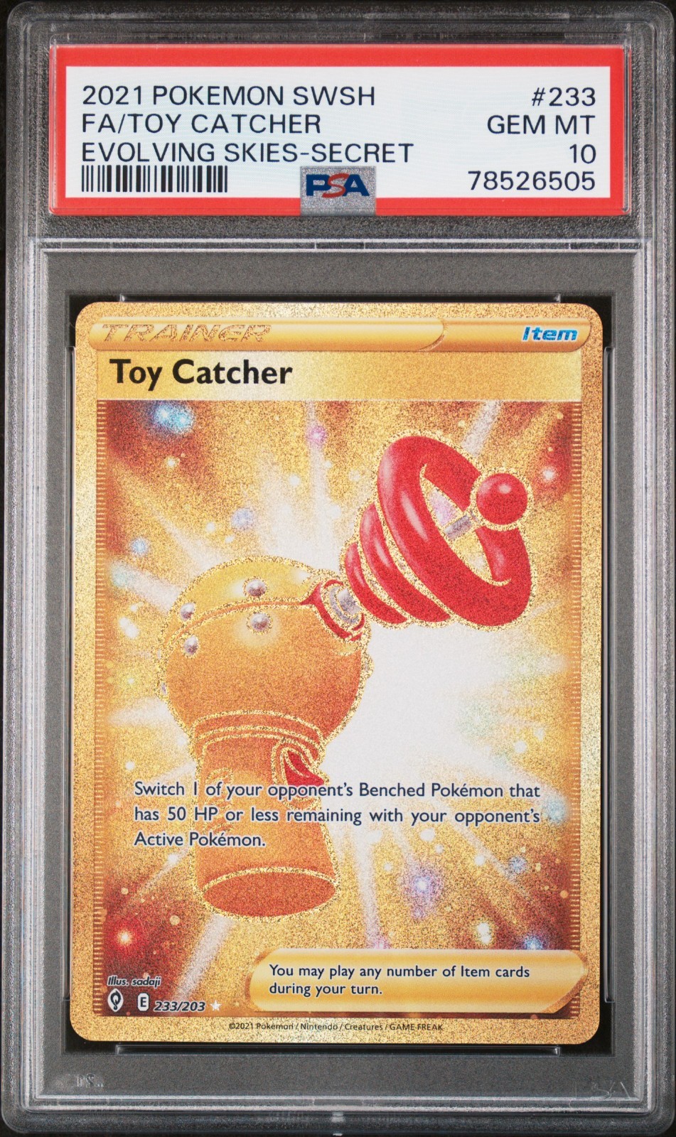 PSA 10 Toy Catcher 233/203 SR Gold Evolving Skies 2021 Pokemon Card