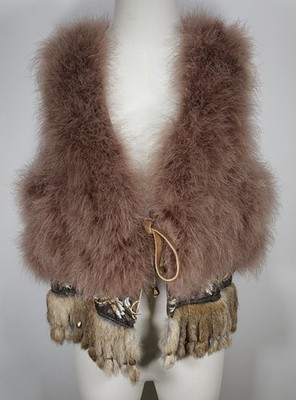 Alberto Makali Women's Turkey Feather Fur Fringe Embroidered Vest Boho Size M