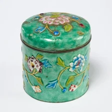 Vtg Chinese Green Cloisonne Enameled Floral Tea Caddy Canister Tin Jar 3.25"h