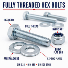 M8 (8mm) BOLTS AND NYLON NUTS + 2x FREE WASHERS FULLY THREADED SET SCREWS BZP