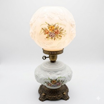  Vintage GWTW Hurricane Lamp Milk Glass Double Globe Floral Raised Rose 3-Way