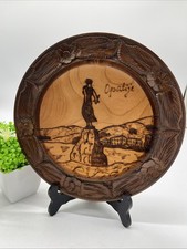 Vtg Opatija Sites Wooden 10" Round Wall Mounted Plaque Souvenir-Wood Burning Art