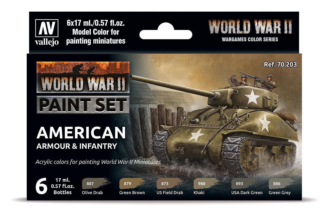 Brand New Vallejo Color Set, US American Armor and Infantry, WWII 70203
