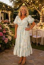 LoveShackFancy Women's Blue Floral V-Neck Puff Sleeve Tie Midi Dress 8