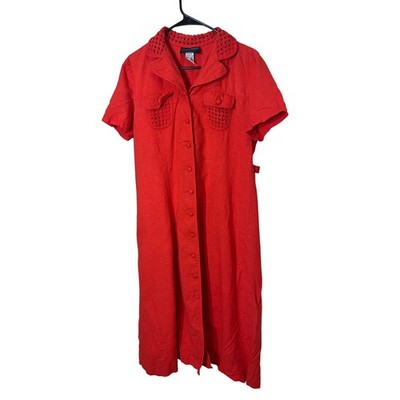 JOHN ROBERTS Red Linen Blend Button Front Collared Midi Shirt Dress Size 14