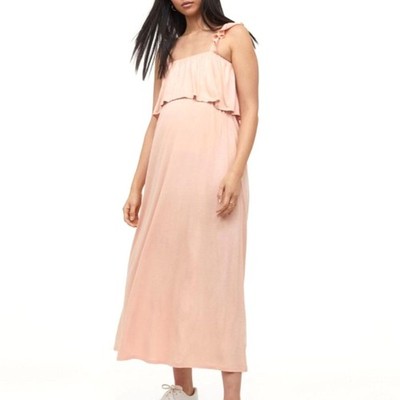 H&M MAMA Long Jersey Maternity Dress (L) in Apricot Ruffle Shoulder Flounce Maxi