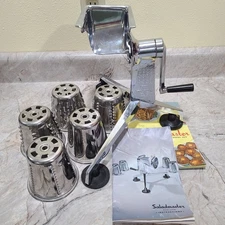 Vintage Saladmaster Hand Crank Food Processor Shredder Chopper 5 Cones 2 booklet