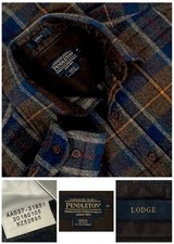 PENDLETON Men  s LODGE 100 Wool Brown Blue Plaid Shirt Size Medium EXCELLENT CON