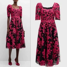 TERI JON by Rickie Freeman Square Neck Floral Appliqué Midi Dress sz 2 FUCHSIA