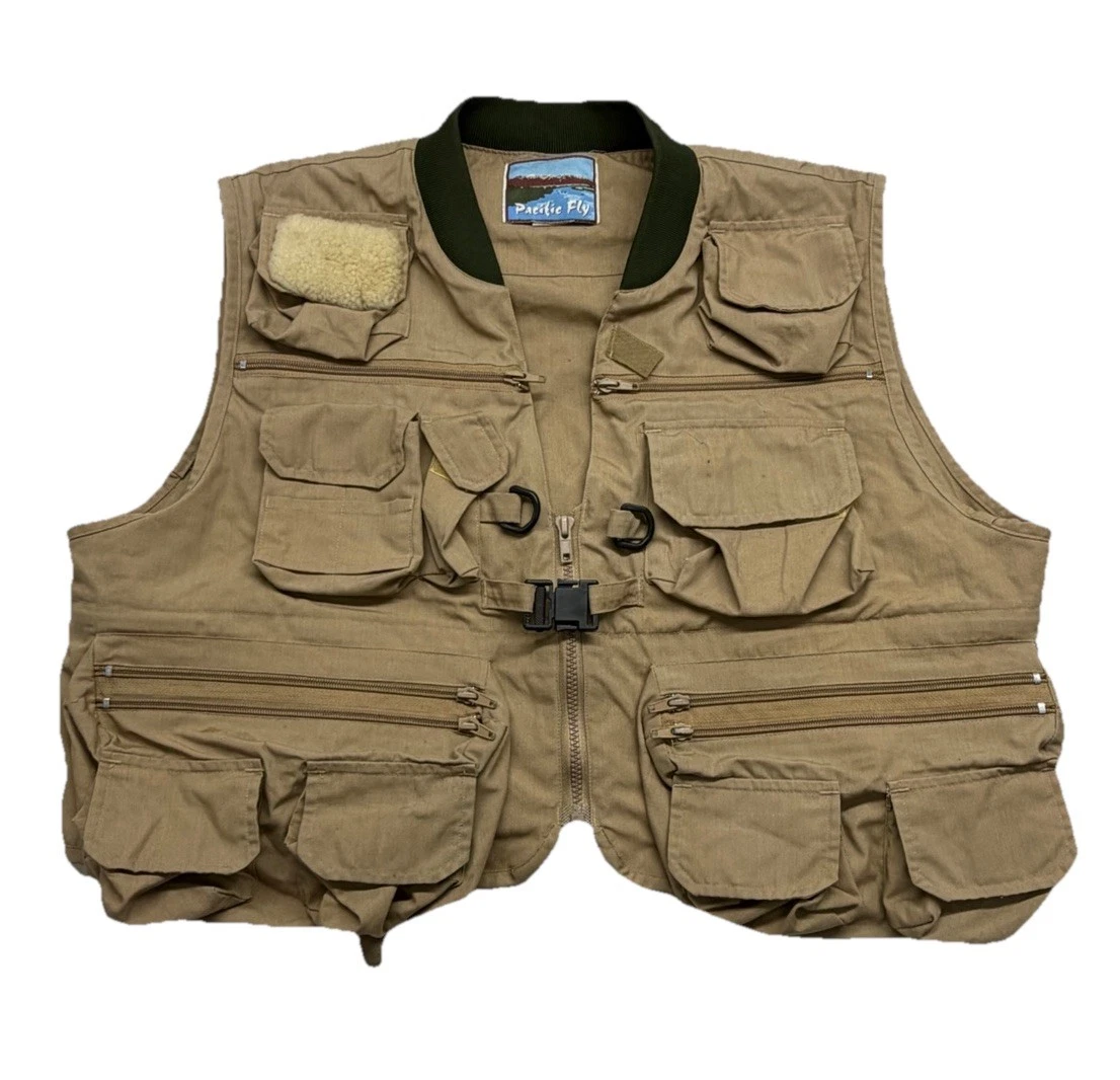 Pacific Fly Utility Fishing Vest Mens Size Large Brown Khaki Lots Of Pockets