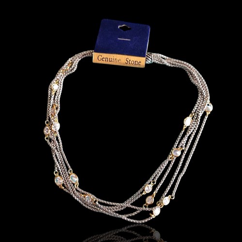 Silver & Gold Tone Plate Multi Chain Bezel Set Zircon Necklace 18in