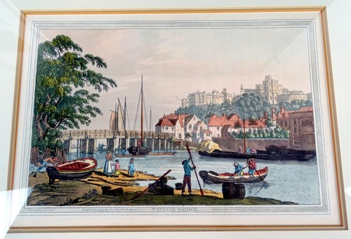 ANTIQUE J FARINGTON J STADLER WINDSOR BRIDGE AQUATINT 9" x 13" FRAMED PRINT 1793